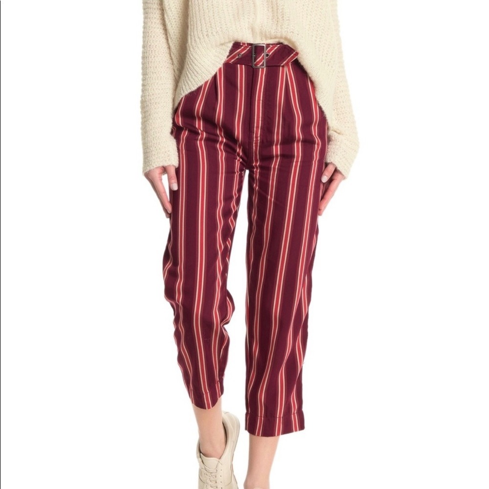 Free People Burgundy Red Striped Seamed Like The Right Thing Cropped Pants 0
